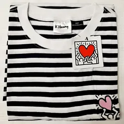 New Keith Haring T-Shirt, Navy/White, Holding Heart. S/M/L/2XL.