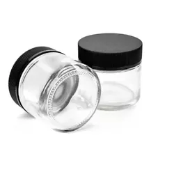 4 Pack - 3 OZ Glass Jar with Black Lids. 3oz Clear Round Glass Jars (4 Pack), (4) Empty Cosmetic Containers and 4 black...
