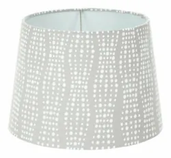 Product Type: Lamp Shade. Small modified drum shade with white flocked design and rolled edges (harp and finial not...