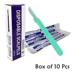 ITEM: 10 DISPOSABLE STERILE SURGICAL SCALPELS #20 WITH PLASTIC HANDLE. Easy to maneuver allowing you to work for...