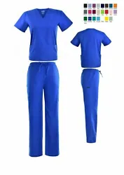 6 pocket cargo pants. All around elastic waist. 1 left chest pocket. Set-in sleeves with side slits. Basic V-Neck top....