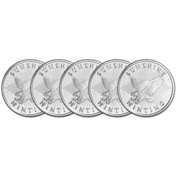 The obverse of the Sunshine Minting Silver 1 oz. The reverse shows the sun and rays with ONE TROY OUNCE and 999 FINE...