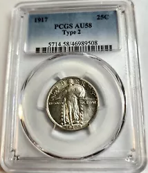  Choice 1917 Type 2 Standing Liberty Quarter 25C Graded AU-58 By PCGS Almost Uncirculated. Beautiful Certified High...