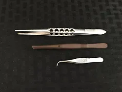 Very good used condition. Lot includes: one 2.75” curved tweezer, one 4.5” brown coated straight tweezer and one...