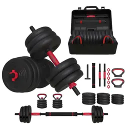4-in-1 interchangeable weight system can be used as a barbell, kettlebell, two dumbbells, or push-up handles. 23-piece...