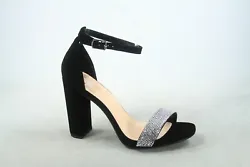 Open toe, single band at vamp. Covered chunky heel. Ankle strap with adjustable buckle. Heel height: 4 