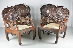 Rare série de quatre fauteuils en bois de fer Chinois ou Indochinois, d’époque art nouveau. Quelques manques de...