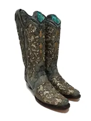 Black/Gray/Gold Inlay. Western floral embroidery on foot and shaft. Leather lining. Leather foot and upper. Leather...