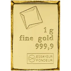 The obverse features the Valcambi Suisse logo, 1g fine gold 999,9 and assayers stamp CHI ESSAYEUR FONDEUR. The reverse...