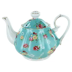 This porcelain teapot is decorated on a turquoise decal with a lovely white, yellow and pink floral design. The Shabby...
