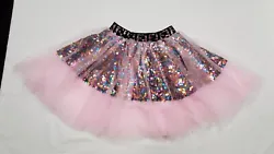 XS Dressystar Pink Glittery Sequin Lined Tulle Tutu Skirt with An Elastic Waistband that has a leopard print FF over a...