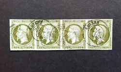 This is a wonderful STRIP of 4 × french stamp 1c Napoleon. Canceled in 1862, from Amiens. With a very very tiny thin...