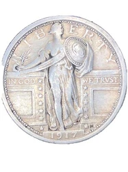 1917-P Type 1 Standing Liberty Qtr. Full Shield AU. Lightly toned. Key date. Nicely toned. 30 day Money Back Guarantee....