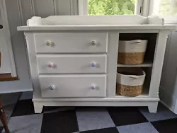 Bassett Baby Changing Dresser Custom Farmhouse White with Drawers and Shelves.  Solid wood Bassett Baby Changing...