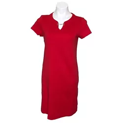 Talbots Womens Red Short Sleeve Gold Keyhole Neck Sheath DressSTYLE DETAILS:- Keyhole neck with gold clasp closure-...