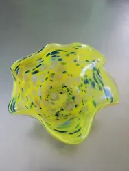Vintage Yellow and Green Murano Style Art Glass Candy Dish.