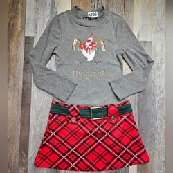 Christmas Girls Dress Size 7Gray on top with red Plaid skirtUnicorn graphic on the shirt areaGreat condition
