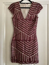 Sequin Short Sleeve V Neck Bodycon Dress. Burgundy. Size Small.