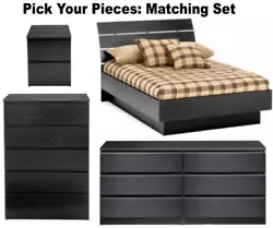 6-Drawer Dresser The headboard of the black wood grain platform bed (box 1 of 2) features a gently arching design that...