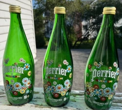 Takashi Murakami × Perrier • Original 750mL Glass Bottles X 3 • Large Happy Flowers 3 X 750ml.