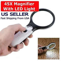 3 LED Hand-held 45X + 3X magnifier Combo. - Clear, with 45X magnifier and 3X magnifier. - Small lens 45X, 20mm. - 3X...