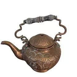 Rare antique Chinese forged hand tooled copper tea pot kettle. This unique find is full of amazing detailed depictions...