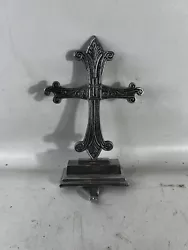 Antique Chrome Jesus Christ Table Cross Crucifix Altar shelf rosary hook.