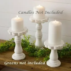 Set of Three ~ Gorgeous Distressed Creamy White Pillar Candle Stands ~ Wood. Use with Pillar Candles. These chippy,...