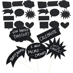 Includes 60 chalkboard cutouts, 60 wooden sticks and 100 stickers for self assembly. 10 assorted design cutouts.