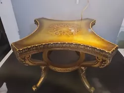 Vintage Brass fully Gilded Glass Top End Table, beautiful gold inlay, small chip.