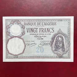 ETAT RARE Algérie Billet 20 Francs Banque De L Algérie 1928AU/splendide AUCUN PLI 2 trous d épinglages discret marge...