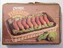 Vintage Pyrex Fireside Naturals By Corning 2320-F-N, 2 Qt Dish & Rattan Basket.