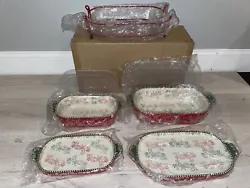 Temptations Christmas Floral Lace Red & Green Oval Baking Dish & Extras New. Never used, has been sitting in storage...