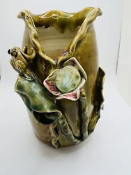 Art Pottery Majolica Vase 3D Applied Frogs and Lily Pad 7 1/2