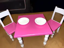 Barbie Sized Wooden Doll Table Set With Plastic Legs 1 Table 2 Chairs 2 Plates.