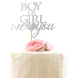 Boy or Girl Cake Topper, Gender Reveal Party Decor - He or She - Baby Shower Party Decorations ( Silver Glitter ). This...