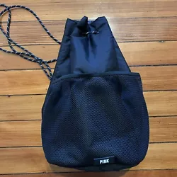 Victoria’s Secret PINK Drawstring Beach bag backpack black EUC Two large Mesh Pockets on outside