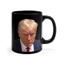 DONALD TRUMP MUG SHOT COFFEE MUG: Double sided mug of President Donald Trump taken from Trumps official booking photo...