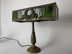 Antique Stained Glass Brass Desk Lamp.