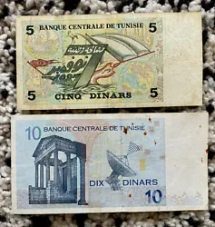 Lot 2 Billets - 5 Dinars1993 & 10 Dinars2005 Tunisie 🇹🇳- Voir Images Pour État Billets. Vous recevez les billets...