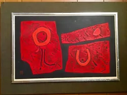 Vtg Japanese ABSTRACT Art Black/Red Acrylic Oil on Paper Board Painting. It is so gorgeous. The colors are brown,...