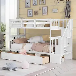 Bunk Beds with Stairway, equipped with staircase, easy access to the top bunk; bunk beds with hidden storage shelves...