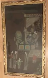 Tableau peinture sur soie - Scène de cour chinoise très soignée - Cadre de type Art Déco