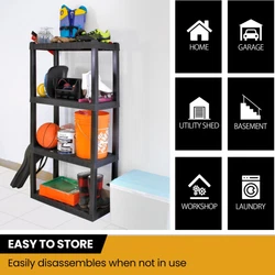 Heavy-duty molded plastic resin shelves hold 150 lbs. (68 kg) each and will not rust, dent, stain, or peel. 