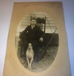Antique Fashion Boy W/ Pet Dog, Rocking Chair! Old Outdoor Animal Cabinet Photo! Adorable Boy in Rocking Chair, W/ Hist...