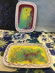 2 Small Trinket Trays Tin Hand Painted Colorful Abstract Resin Design One Kind. Condition is Used. Shipped with USPS...