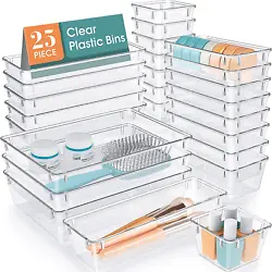 25 PCS Clear Plastic Drawer Organizer Set, 4 Sizes Desk Drawer Divider Organizers and Storage Bins for Makeup, Jewelry,...