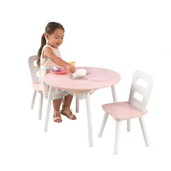 Kid-sized construction; grownup style. The two chairs are just their size and built from durable wood. The splayed legs...