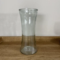 10 inch tall round glass vase, hourglass, shape, ￼clear glass, floral/decorative.