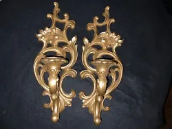 Vintage Pair Gold Candle Holder Wall Sconce Hollywood Regency MCM 1960s.